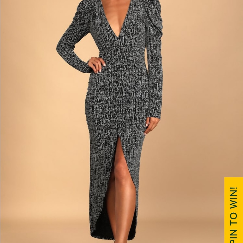 Lulu’s Party Glam Metallic Silver Long Sleeve Ruched Midi Dress